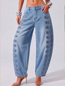 HAPPY GIRL Spring/Autumn Versatile Casual Fashion Elegant Denim Daily Vacation Women's Court Style Side Buckle Curved Leg Pants - Blue - View 2