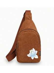 Embroidered Lotus Pattern Crossbody Bag, Unique Printed Corduroy Crossbody Bag, Adjustable Shoulder Strap, Perfect For School, Travel And Leisure - Multicolor - View 16