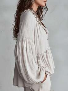 Off-White Solid Textured Shirt, Ruffle Deep V-Neck Puff Sleeve Layered Ruffle Blouse, Bohemian Style Loose Casual Shirt, Suitable For Daily Wear And Vacation - Light Grey - View 3