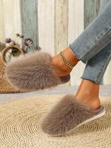 New Fashion Solid Color Long Plush Closed-Toe Slippers, Warm Anti-Slip Slouchy Fur Slippers - Khaki - View 3