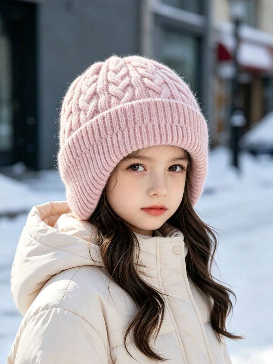 1pc Winter Children's Fashion Cable Knit Earflap Beanie, Cute Round Top ...