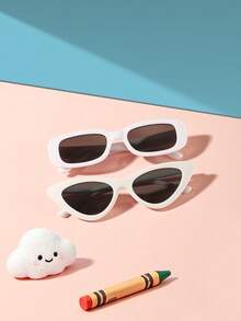 1set 2pcs Kids 3‑8Y Rectangle & Cat‑Eye PC Stylish Glasses, Solid White Frame, Retro Eyewear For Summer Party Daily Wear With Glasses Box - Multicolor - View 3
