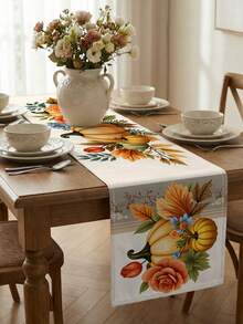 1 Pc Fall Floral Pumpkin Rose Maple Leaf Table Runner Washable Suitable For Outdoor Indoor Party Kitchen Home Dining Table Center Can Be Used For Living Room Rectangular Dining Table Restaurant Decoration - Beige - View 1