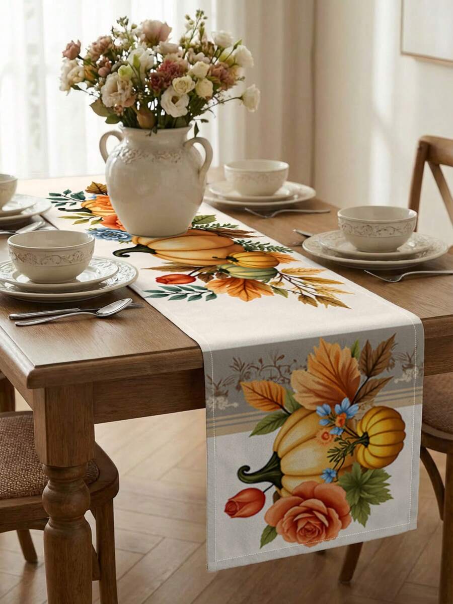 1 Pc Fall Floral Pumpkin Rose Maple Leaf Table Runner Washable Suitable For Outdoor Indoor Party Kitchen Home Dining Table Center Can Be Used For Living Room Rectangular Dining Table Restaurant Decoration - Beige - View 1