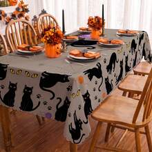 1pc Halloween Black Cat & Spider Web Print Rectangular Tablecloth, Suitable For Holiday, Party, Birthday, Dinner, Restaurant Table Decor, Autumn/Winter Home Decoration - Multicolor - View 3