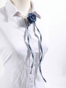 1pc Women's Denim Camellia Pearl Collar Accessory, Vintage Long Ribbon Shirt Bow Tie, Niche Accessory - Pearl Denim Flower Chain - View 4