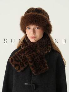 1 Set Leopard Print Faux Fur Fashion Sweet Versatile Hot Girl Polyester Mongolian Hat & Scarf Set, Autumn/Winter Daily Wear - Brown - View 1
