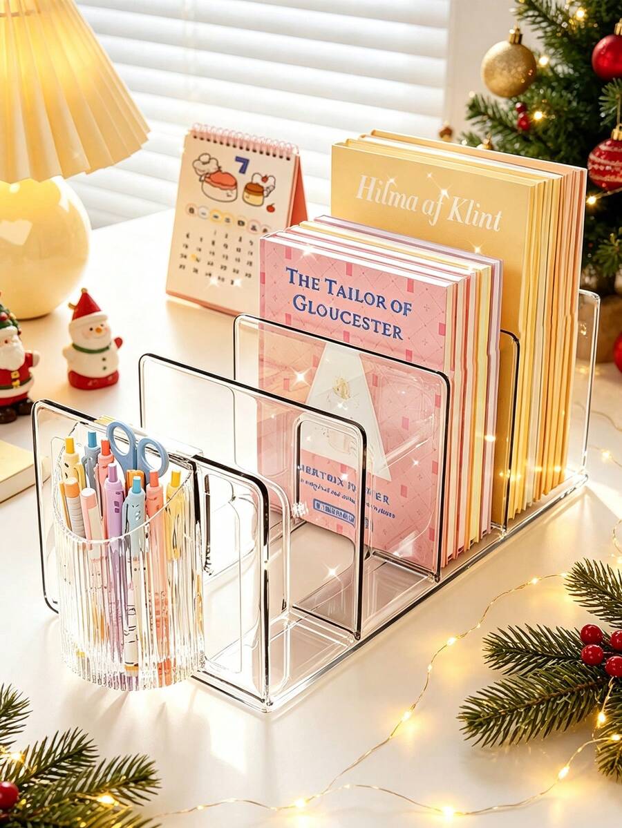 Transparent Acrylic PP Bookend Organizer, 4-Compartment Multi-Function Desktop Storage Rack With Pen Holder, Office Document Organizer, Stationery Bookshelf Divider, Suitable For Student Dorm Office Supplies - Multicolor - View 1