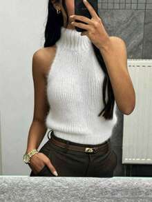 FOR BEAUTY Spring Fall Y2K Elegant White High Neck Halter Sleeveless Ribbed Knit Tank Top Women Slim Fit Going Out Party Outfits - White - View 1