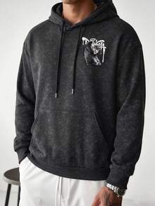 Men's Autumn/Winter Hoodie With Angel Statue Graffiti Print On Back And Drawstring - Black - View 2