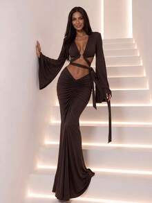 Top Dazzle Women's Sexy Deep V-Neck Ring Decor 2-Piece Set, Long Sleeve Hollow Out Cropped Top With Ruched Maxi Skirt, Suitable For Party - Brown - View 6