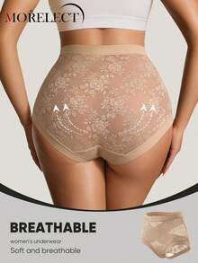 Morelect 1pc Women's Mid-High Waist Sexy Lace Triangle Panties, Fashionable, Breathable, Soft, Lightweight, Skin-Friendly - Apricot - View 3