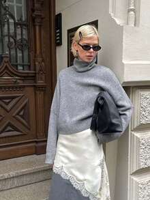 SEREN Women's New Minimalist Gray Turtleneck Knit Sweater, Versatile Long Sleeve Pullover For Autumn, Commuter Top For Daily Wear - Grey - View 4