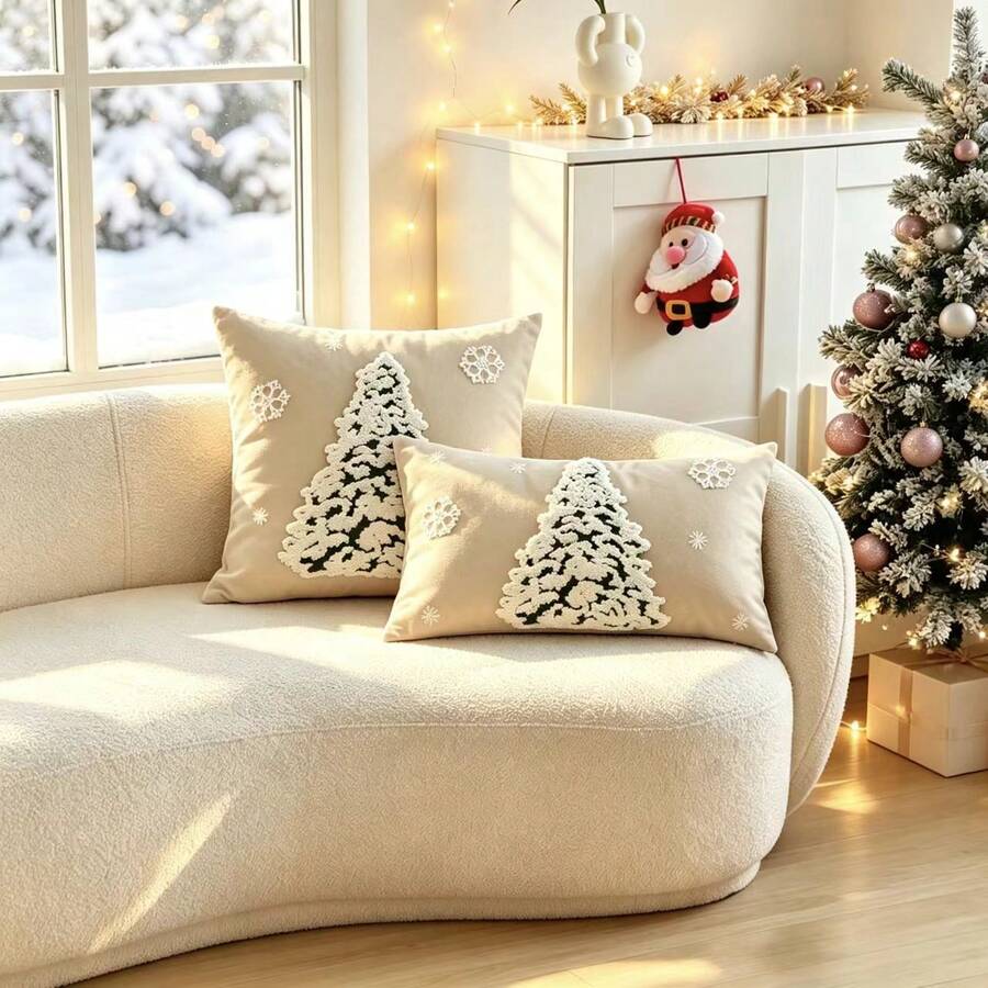 LCUHPCL 1件冬季氛圍聖誕樹雪花3D刺繡枕套，適用於臥室、客廳、沙發、日常使用、派對及各種環境
