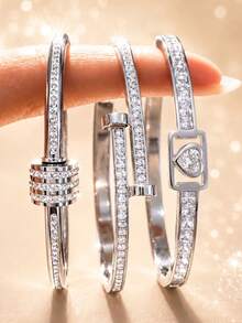 3Pcs Women Silver Stackable Bangle Set, Stainless‑Steel Multi‑Style With Rhinestone & Bamboo Design, Hypoallergenic Jewelry For Daily & Party Gift. - Silver - View 4