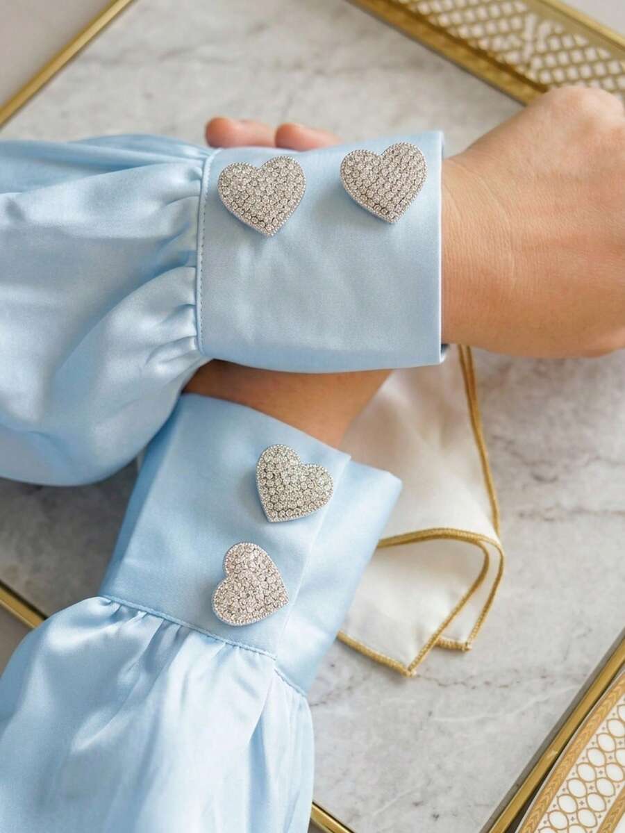 6/2/1Pc Elegant Crystal Rhinestone Heart Button Covers Sparkly Diamond Heart Shirt Collar Button Caps Clip-On Cufflinks Formal Dress Accessories - Multicolor - View 1