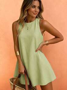 Starfish Women's Fashionable Versatile Minimalist Elegant Khaki Round Neck Sleeveless Dress, Suitable For Commuting In Spring And Summer - Green - View 9