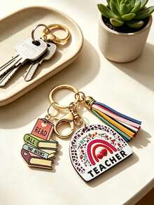 1pc Teacher Theme Keychain, Rainbow Leopard Print Wooden Pendant With Book Charm And Colorful Tassel, Portable Key Ring Accessory, Suitable For Car Keys And Bag Decoration, Ideal Thank You Gift For Educators On Teacher's Day, Back To School And Holidays - Multicolor - View 5