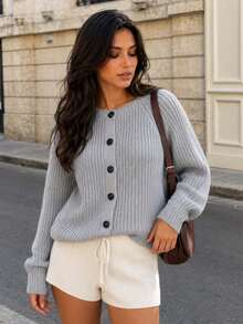 YuwenierPOP Vintage Casual Grey Ribbed Knit Cardigan Round Neck Black Buttons Lantern Sleeve Raglan Sleeve Sweater Autumn/Winter Layering Style - Grey - View 8