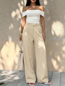 High Waist Pleated Wide Leg Suit Pants, Elegant Solid Color Straight Leg Trousers, Office Daily Wear - Apricot - View 3