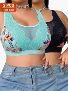 2pcs/Set Casual Comfortable Minimalist Plus Size Women's Bra, Printed Design With Lace Patchwork, Wireless Lift-Up Soft Comfortable Lingerie - Multicolor - View 5
