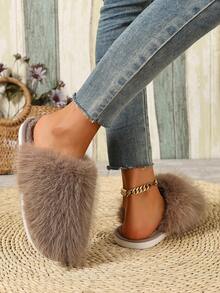 New Fashion Solid Color Long Plush Closed-Toe Slippers, Warm Anti-Slip Slouchy Fur Slippers - Khaki - View 4