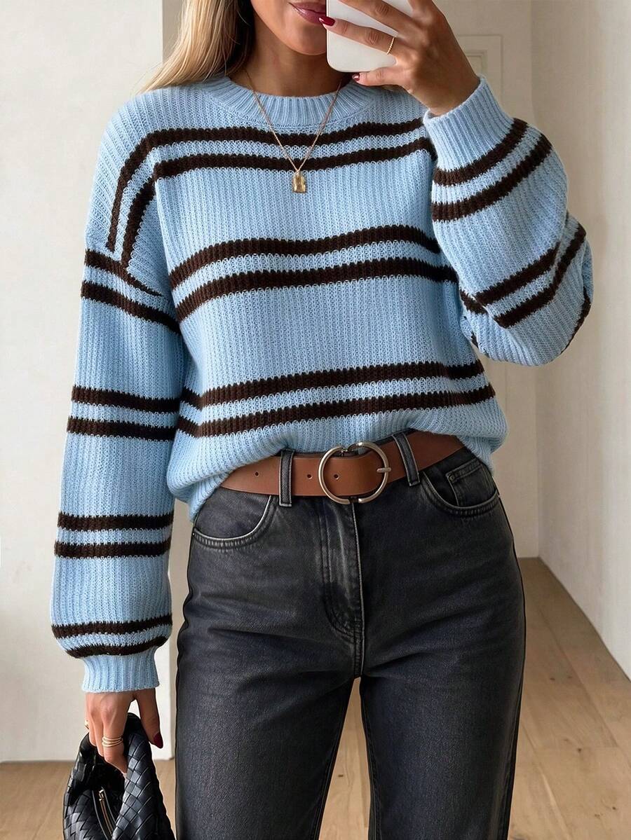 Sweater Rajut Wanita Lengan Panjang, Motif Garis Biru Muda dan Cokelat, Sempurna untuk Mode Musim Gugur dan Musim Dingin - MultiWarna - View 1