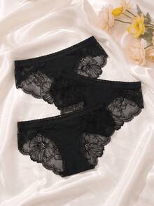 3pcs Black Lace Patchwork Low Waist Sexy Women's Triangle Panties - Black - View 1