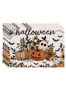 2/4/6Pcs Placemats, Fall Halloween Pumpkin Ghost Sunflower Spider Web Thanksgiving Dining Table Place Mats Party Home Decor - White - View 8