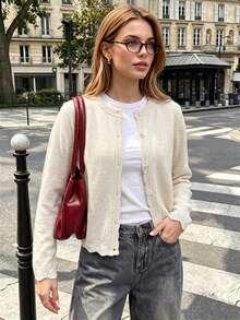 Women Hollow‑Out Cropped Knit Cardigan, Long‑Sleeve Warm Button Sweater, Casual Layering Outerwear For Autumn Winter Daily Commute Street Wear Fall - White Apricot - View 2