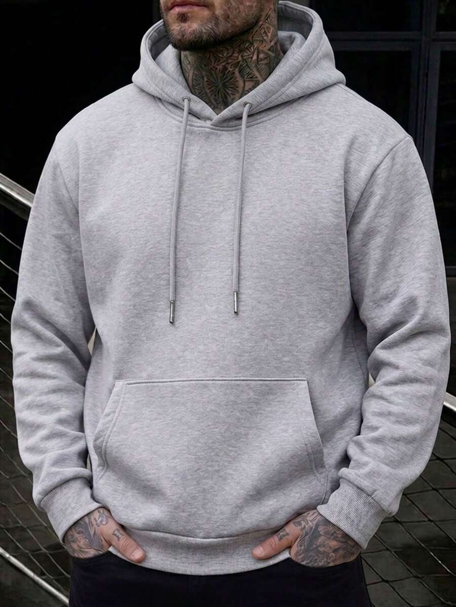 男士休閒純色抽繩大尺碼運動衫，春秋薄款，寬鬆版型 1XL-6XL，適合大尺碼人士 - 灰色 - 查看 1