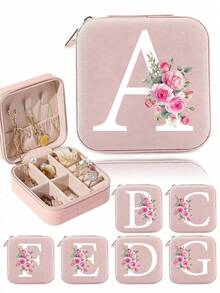 A-Z Floral Initial Travel Jewelry Organizer, Pink PU Leather Mini Zipper Jewelry Box, Compartment Portable Ring Earring Necklace Storage Box, A-Z Letter Women Girls Gift Box - Multicolor - View 8