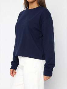 GLAMSKIN Women Color‑Block Striped Crew Neck Long Sleeve T‑Shirt,Simple Loose Fit Fall Basic Tee For Daily Wear&Office Commute - Navy - View 7