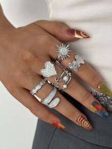 6pcs Elegant Vintage Fashion Oil Drop Heart Flower Star Moon Geometric Hollow Out Rings Set, Suitable For Women's Daily Wear - Silver - View 4