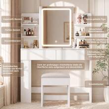 Devoko Dressing Table With LED Lighting, 3 Colors With Adjustable Brightness, Dressing Table With Mirror For Make-Up, Cosmetic Table With Adjustable Shelves, 2 Drawers, Modern, White - View 6