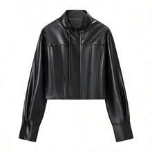 Street Style Schwarze PU-Leder Kurzjacke Damen Stehkragen Langarm Herbst Oberbekleidung - Schwarz - Übersicht 4