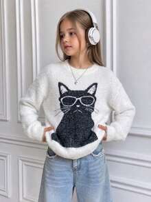 Girls' Street Style Cat Faux Mink Knit Pullover Sweater, Suitable For Casual Wear In Spring, Autumn And Winter - White - View 2