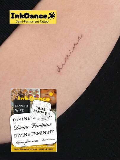 1 Kit "Divine" New Technology Tattoo Sticker, Semi-Permanent, English Quote, Script Lettering, Meaningful, Minimalist, Temporary Tattoo, Fake Tattoo, Waterproof & Long-Lasting Realistic Design, Plant-Based Formula, InkDance Ink Dance, Gift X148