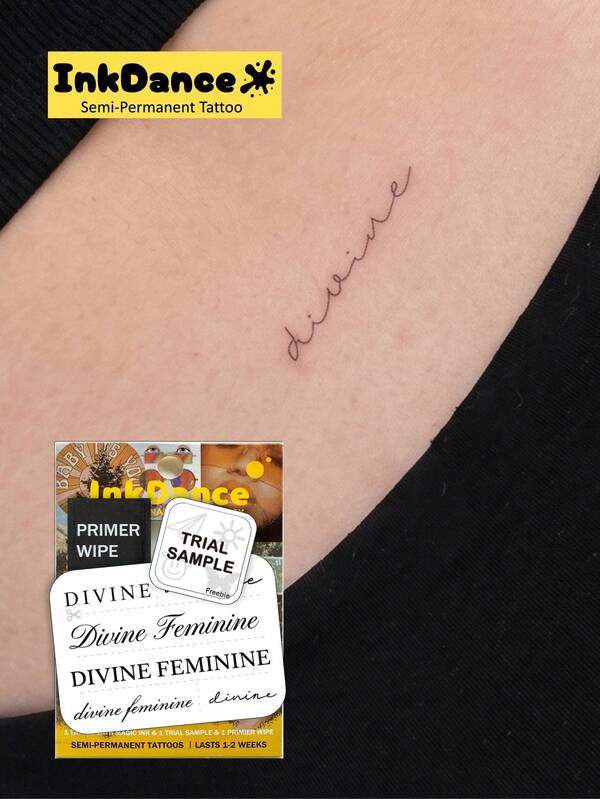 1 Kit "Divine" New Technology Tattoo Sticker, Semi-Permanent, English Quote, Script Lettering, Meaningful, Minimalist, Temporary Tattoo, Fake Tattoo, Waterproof & Long-Lasting Realistic Design, Plant-Based Formula, InkDance Ink Dance, Gift X148