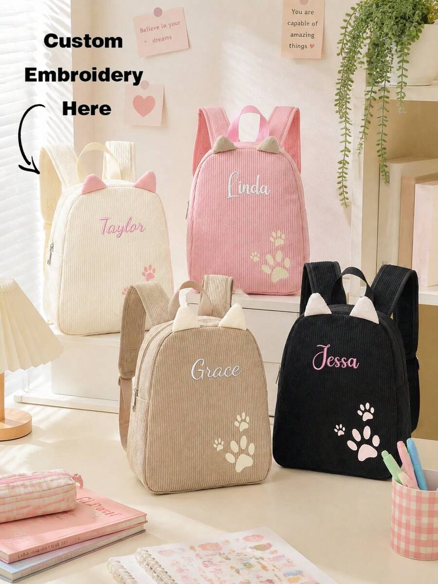 Personalized Cat Ear Corduroy Backpack For Girl, Cute Paw Print Design, Lightweight Casual Daypack, Fashion Travel & Daily Use Backpack, Cute Gift, Kawaii Aesthetic - Multicolor - View 1