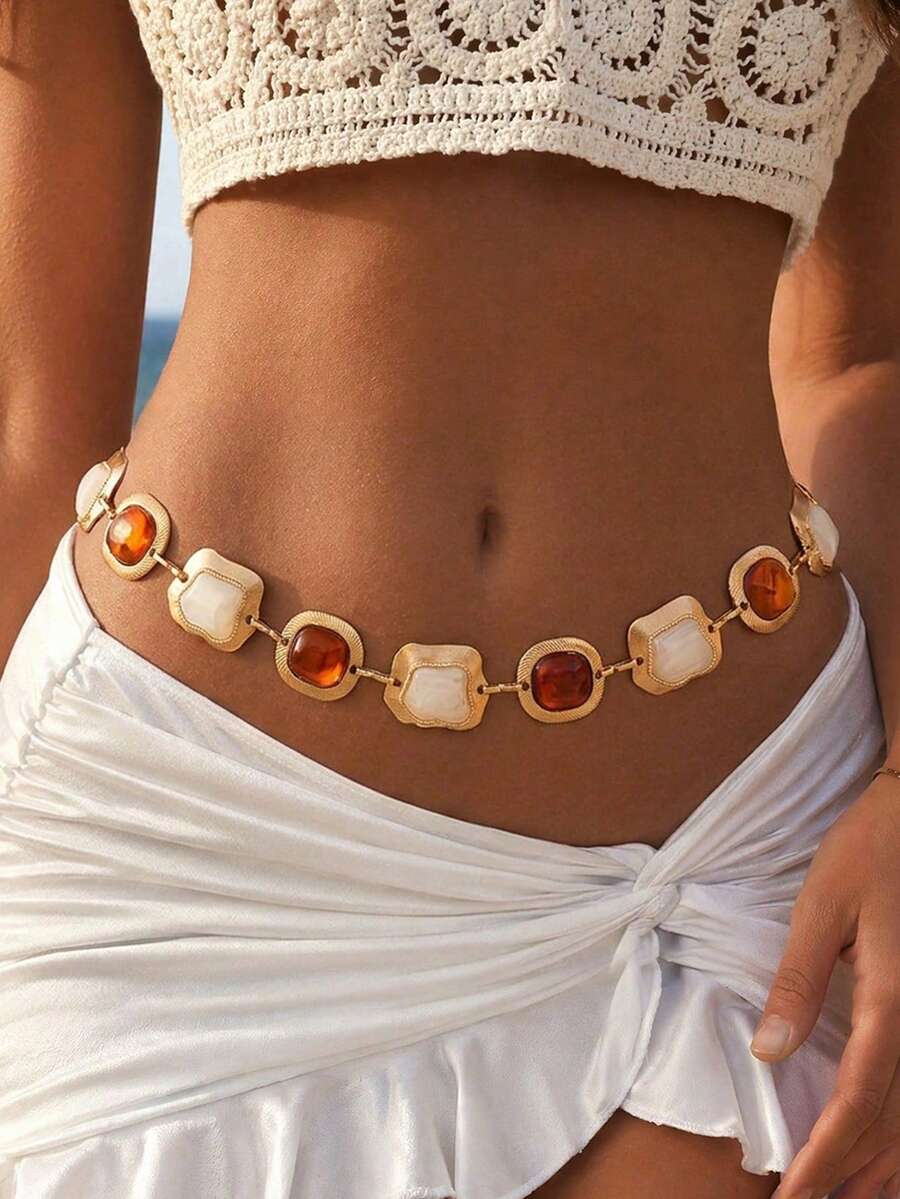 1pc Bohemian Style Colorful Resin Chain Waist Chain, Elegant Fashion Versatile Geometric Inlaid Faux Gemstone Chain Long Waist Chain With Bell Pendant, Personalized Body Chain For Daily Wear And Party, Gift For Best Friends And Family - Gold - View 1