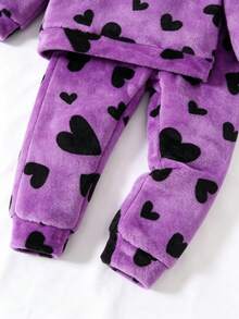 2pcs/Set Girls Cute Heart Print Fleece Hooded Sweatshirt And Sweatpants Set, Essential For Outings, Especially Suitable For Outdoor Activities - Purple - View 6