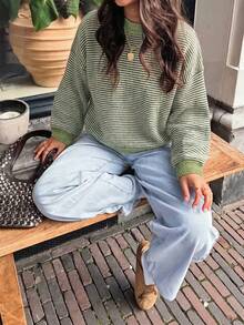 Women's Autumn/Winter Vintage Green & White Striped Round Neck Knit Sweater, Soft Fluffy Fabric, Contrast Ribbed Collar & Cuffs, Loose Drop Shoulder Fit, Lazy Vibe, Versatile For Daily Commute, Gentle & Flattering - Green - View 1