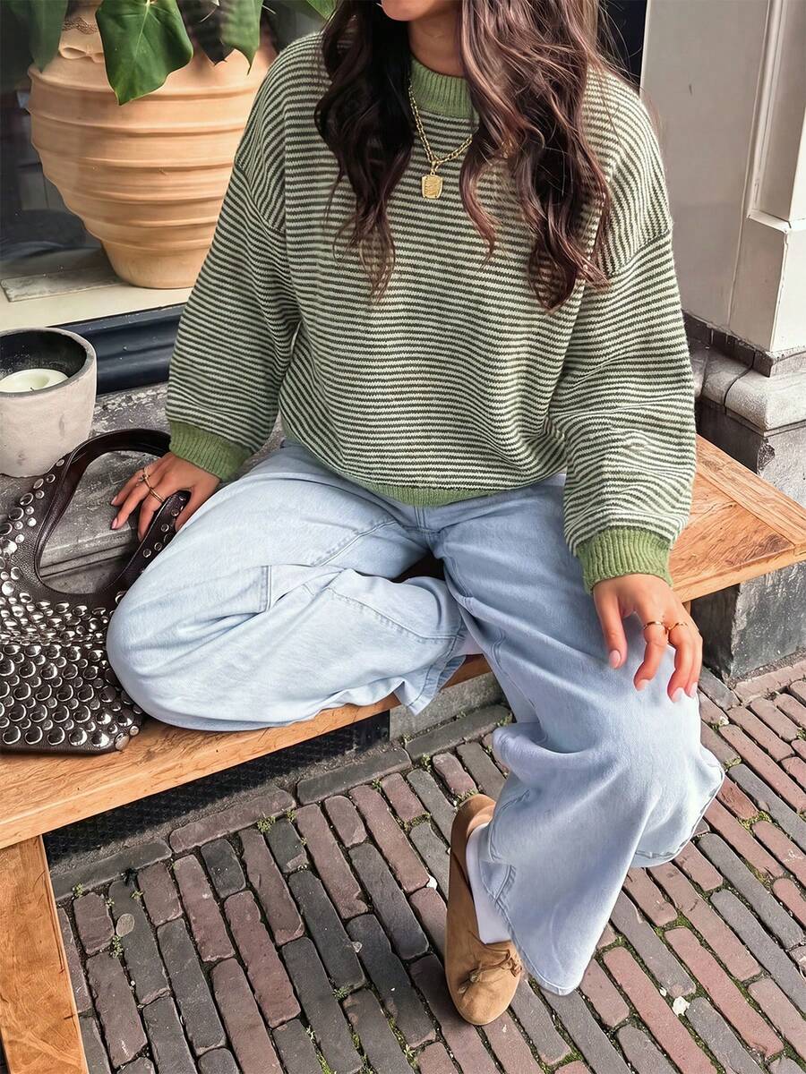 Women's Autumn/Winter Vintage Green & White Striped Round Neck Knit Sweater, Soft Fluffy Fabric, Contrast Ribbed Collar & Cuffs, Loose Drop Shoulder Fit, Lazy Vibe, Versatile For Daily Commute, Gentle & Flattering - Green - View 1