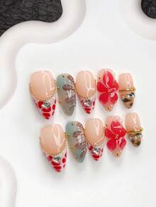 10pcs Exquisite Handmade Press-On Nails, Polygel Nail Art Set, Handmade Floral, Chain, Leopard Print, Red-Brown Nail Polish, Mature Style, Includes Nail Tools, 3 Sizes Available, Almond, Duck, Coffin Shape, Suitable For Party, Dancing, Daily Wear - Multicolor - View 18