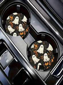 2pcs Halloween Themed Car Cup Holder Coasters, PU Leather And Rubber Material, Suitable For Multiple Car Models And All Seasons Interior Decoration Accessories, Perfect Choice For Halloween - A - View 2