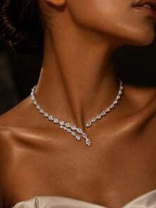 outingfit 1pc Silver Pear-Shaped Waterfall Y-Drop Necklace, Sparkling V-Neck Collarbone Pendant, Bridal Wedding Prom Banquet Dress Gift Accessory - Silver - View 3
