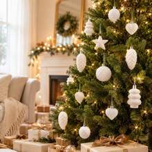 10Pcs Flocked Ornaments For Christmas Tree Holiday Hanging Decorations - White - View 2