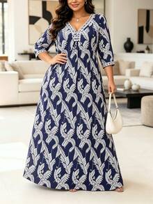 Gaun Motif Longgar Warna Kontras Leher V Terlaris Terbaru Musim Semi/Gugur - Biru laut - View 3