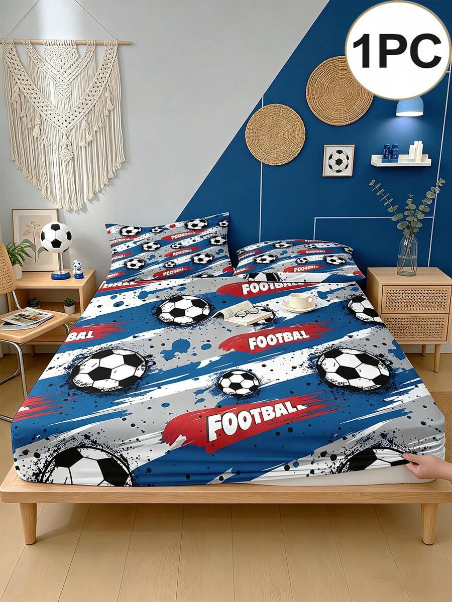 1 Stück Sportthema Spannbetttuch (nur Spannbetttuch, kein Kissenbezug), mit Fußballmuster bedruckter Matratzenschoner, geeignet für Einzel-/Doppel-/Queen-/King-Size-Betten. Schlafzimmer, Gästezimmer, Schülerwohnheim, Hotel Ganzjahres-Dekoration, Geschenk für Eltern, Freunde, Partner